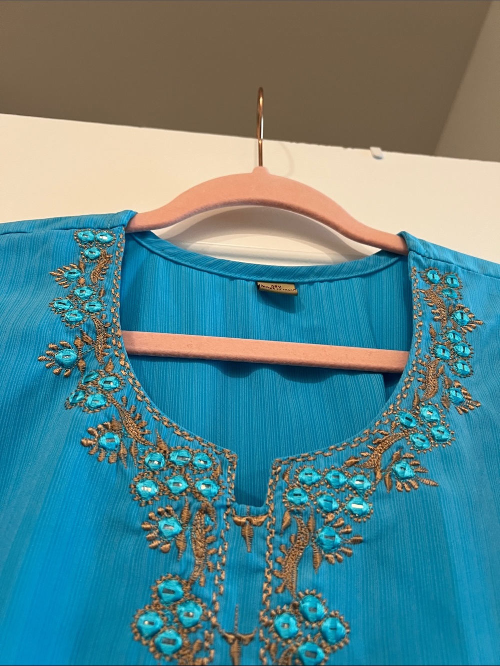 Embroidered Turquoise  Tunic Top with Gold Accents - Picture 5 of 14